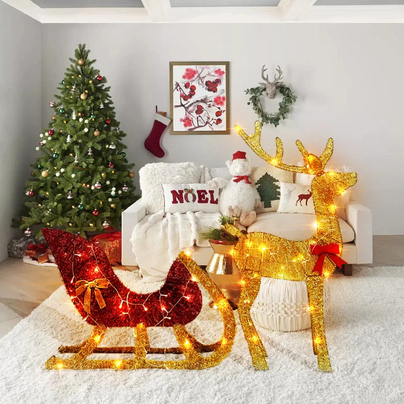 Lighted Christmas Reindeer and Sleigh Outdoor Yard Decoration Set with Lights Stakes Holiday Decorations Ornament Xmas New Year